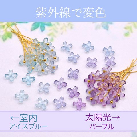 変色素材★7mmミニお花のガラスビーズ 　アイスブルー→パープル