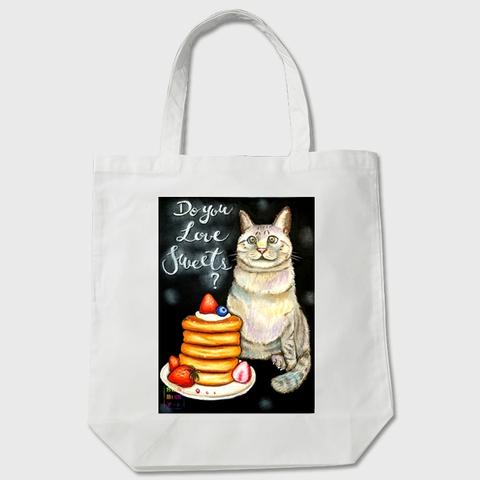 【送料無料】猫とパンケーキのお買い物バッグ　ホワイト