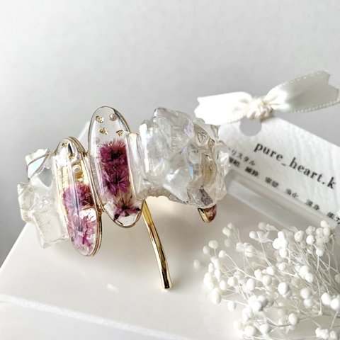 パープルかすみ草 ice crystal ポニーフック/ 水晶/ 金具 ゴールドカラー〈受注制作〉