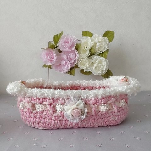 ♪手編みかご 小物入れ ピンク バラ レース②