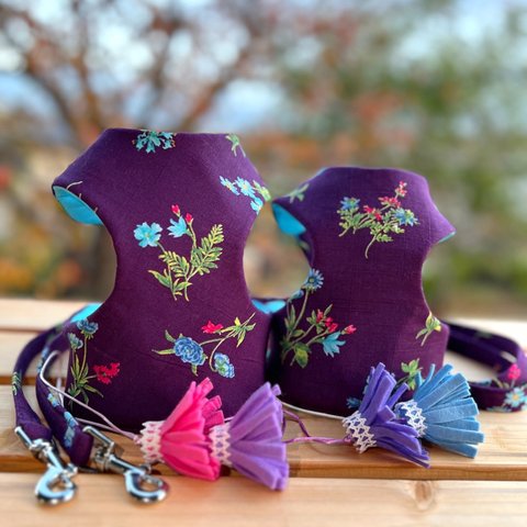 ハーネス リードセット☆ 紫のフラワーキャンバス ハーネス・リード タッセルは別売り