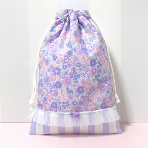 ハンドメイド ●巾着●シューズケース●上履き袋●お花リボン.ラベンダーストライプ