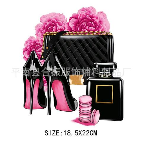 アイロン転写シート　ファッション小物Ｂ　靴　バッグ　ピンク　花　香水瓶　マカロン