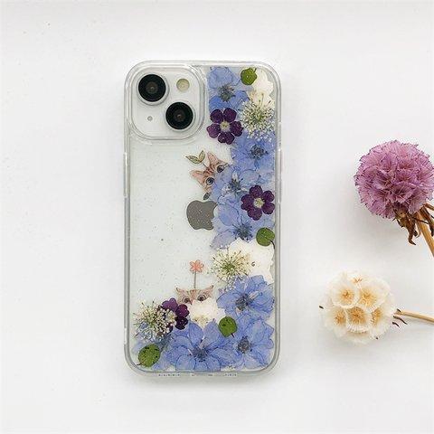 『千鳥草＆猫柄』 スマホリング 押し花ケース iPhone14Pro/13/SE/XPERIA10IV/GalaxyS23/AQUOS iPhoneケース スマホケース 