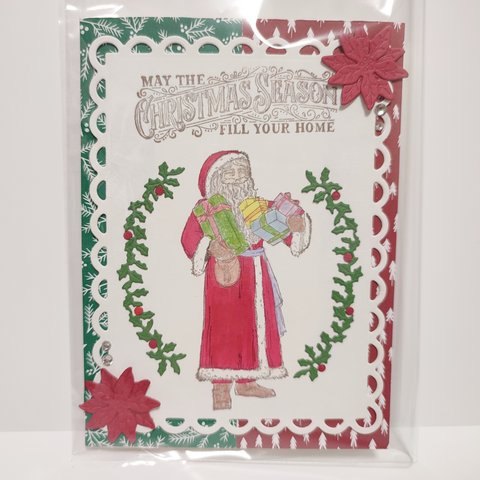 クリスマスカード 「 SAINT NICHOLAS」   サンタクロース　 暖炉　くつ下　プレゼント　クリスマスリース ヒイラギ　星　クリスマス  stampinup  スタンピンアップ