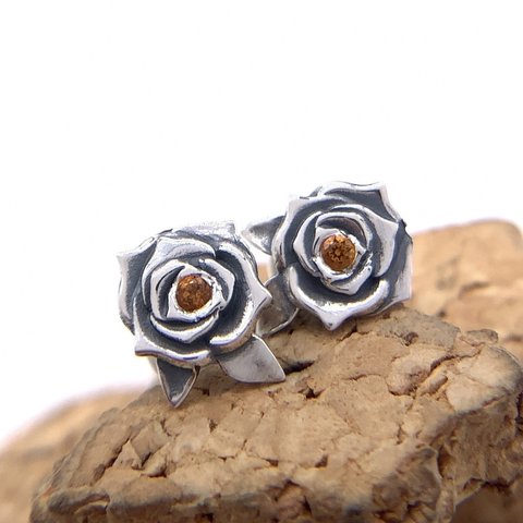 薔薇 ピアス シトリン/シルバー925 両耳用/セカンドピアス つけっぱなし/シルバーアクセサリー 天然石/silver925/ゴシック パンクロック/メンズ 男性へのプレゼント/天然石