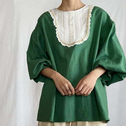 《 歌うあの子の Airy Blouse 》10/グリーン/緑/レース/刺繍/バルーンスリーブ/ブラウス