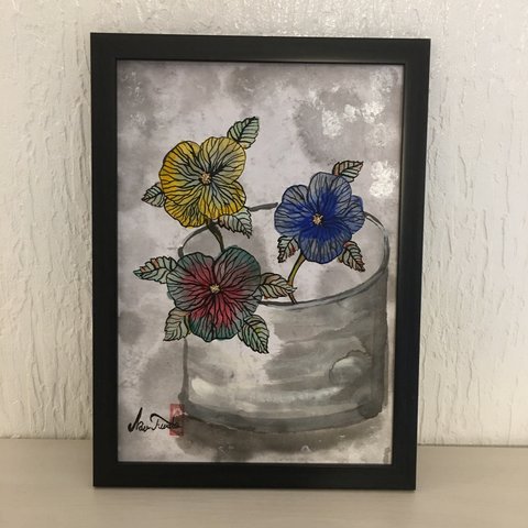 絵画 肉筆（パンジーの花）墨絵 水彩画 開運 額付き