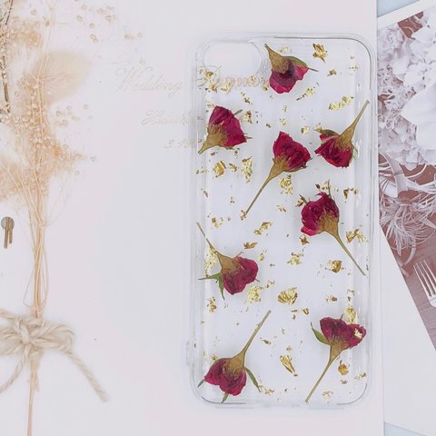 押し花 スマホケース 薔薇 バラ ローズ 蕾み 花びら 金箔入りiPhone ケース