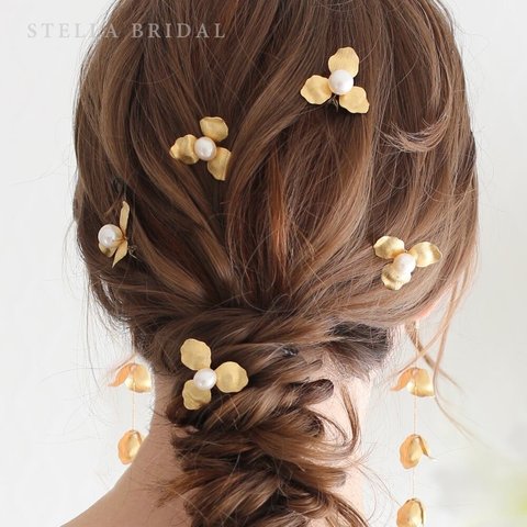 NY製真鍮パーツと大粒淡水パールのヘッドピース Nicoletta - ニコレッタ 5ピースセット｜ウェディングヘアアクセサリー【受注生産品】