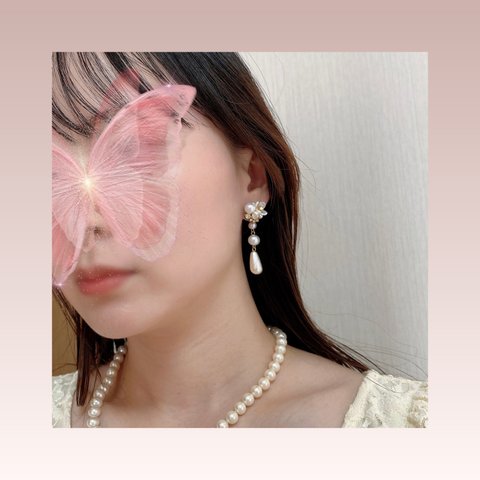 2way 小花 パールビジューイヤリング［earring］✰パール 花嫁 ブライダル 