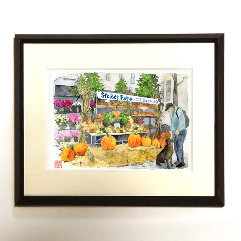 水彩風景画　額装品（ジークレープリント） 『ハロウィンを迎えるファーマーズ・マーケット』