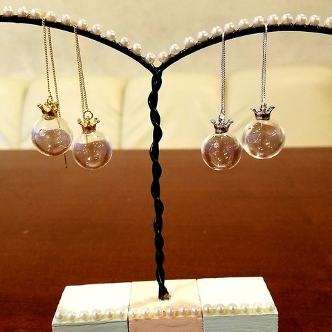 16mmガラス玉のアロマピアス☆アロマ注入☆アメリカンピアス☆王冠ピアス