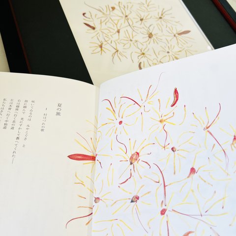 押し花　額　花と言葉の詩画集　立原道造（ポプラ社刊）「村はづれの歌」挿絵