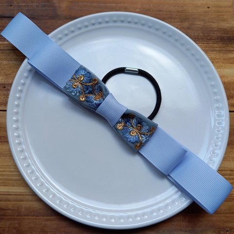 インド刺繍リボン たらりんリボン ヘアゴム ブルー グログランリボン 発表会 フォーマル キッズ