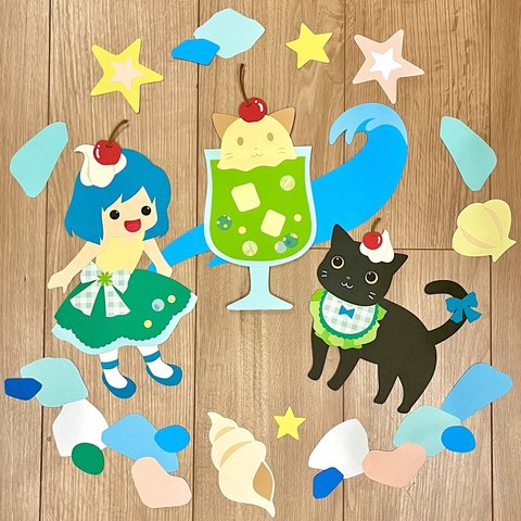 夏の壁面飾り★黒猫キキちゃんとねこねこクリームソーダ