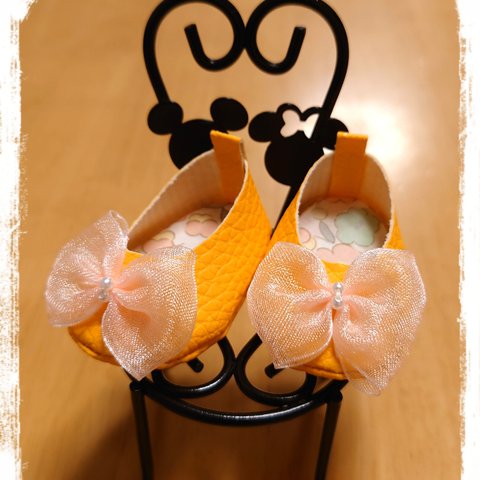 メルちゃん 靴⭐ソランちゃん 靴☆リバティベッツィー プティ（オレンジ系）⭐山吹×コーラルピンクのオーガンジーリボン⭐パール