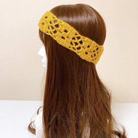 ヘアバンド　マスタード　手編み　1年中　ハンドメイド　透かし模様　ヘッドドレス　オールシーズン　ゴールド系　ゆったり　おしゃれ　ニット　カチューシャ　レーシー　こなれ感　春　夏　秋　冬　プレゼント