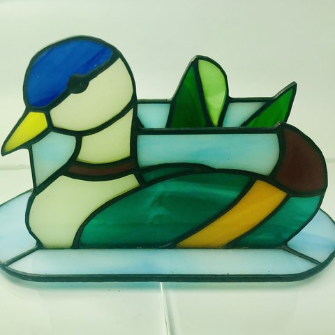 ステンドグラスカードスタンド 水面の小鴨
