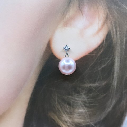 12mm ピンク パール ジルコニア ピアス #37　母の日　ギフト　春　プレゼント　結婚式　花嫁　お出かけ　お呼ばれ　パーティー　2連ピアス　3連パール　揺れる