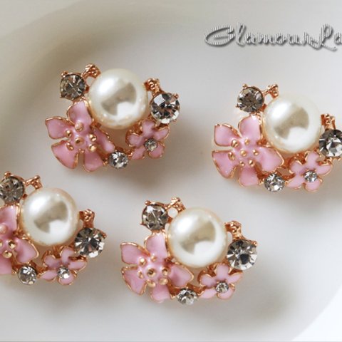 4個セット　24*21mm 真珠とクリスタル ピンクの花の デコレーションパーツ　