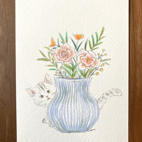 【花瓶とネコ】　原画　ハガキ　額入り