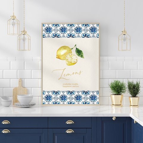 ポスター　Lemon　 / i0665 /  地中海の青の模様とレモン　インテリアポスター