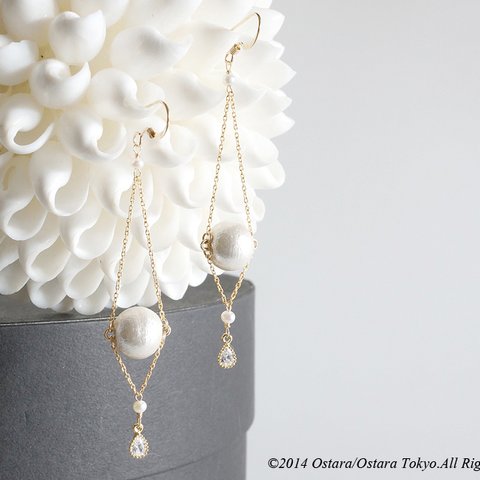 【14KGF】14KGF Chain Dangle Earrings,AAA Fresh Water Pearl,16KGP CZ,Cotton Pearl