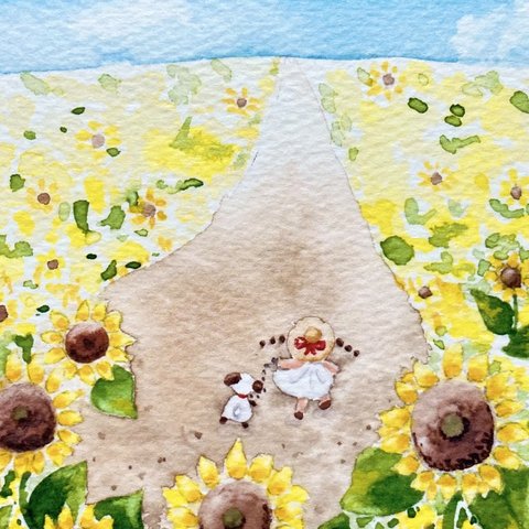 🌻透明水彩画「ひまわり畑でお散歩」イラストポストカード２枚セット 暑中見舞いはがき 暑中はがき 花　夏　母の日　ヒマワリ　癒し　犬🌻
