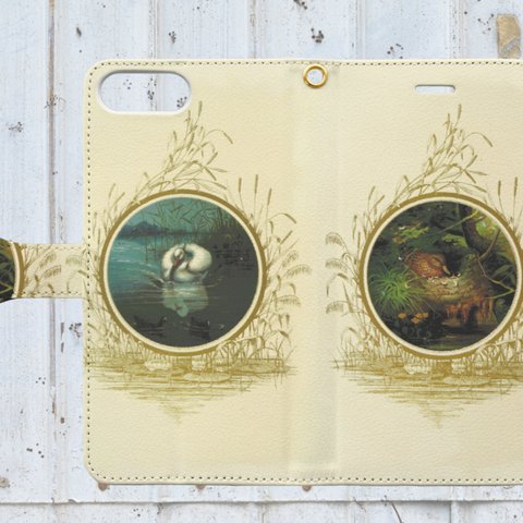 【iphone全機種対応】 antique　swan 手帳型スマホケース　
