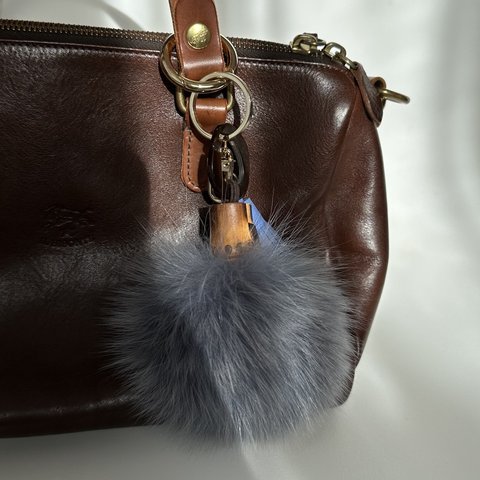 BAMBOO and FUR TASSEL BAG CHARM - BLUE