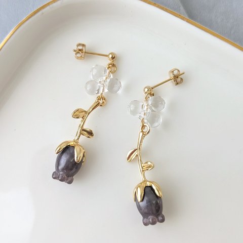 pukkuri purple flower × clear ピアス（イヤリング可）