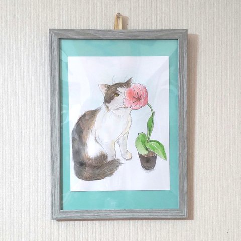 手描きの猫とチューリップの絵