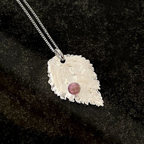 【 純銀 】 本物の 葉っぱ から出来た リーフ & パール シルバーネックレス( 桜 ピンク オパール )