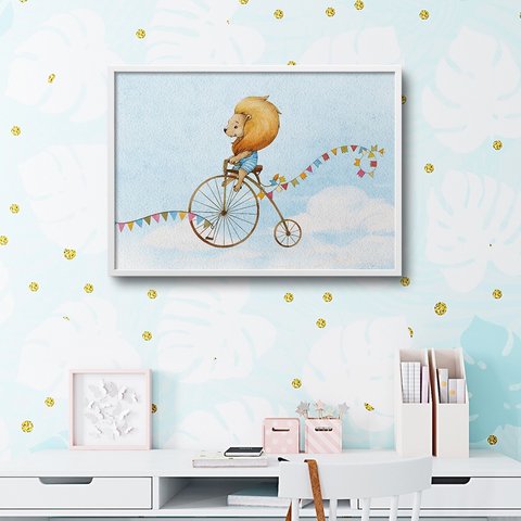 ポスター　自転車に乗るライオン　 / i0702 /  カラフルな風船　うさぎなど子供部屋にも　インテリアポスター
