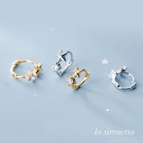 受注製作 フープ ピアス ＊ star ＆ zirconia hoop pierce