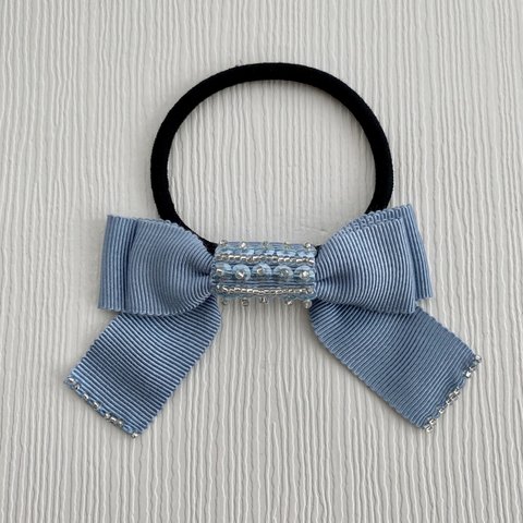 刺繍ヘアゴム [ blue・silver beads ]