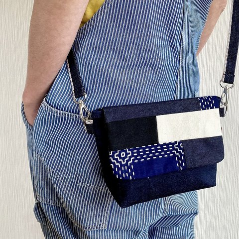 藍染め刺し子×岡山デニム×倉敷帆布のパッチワークショルダーバッグ　