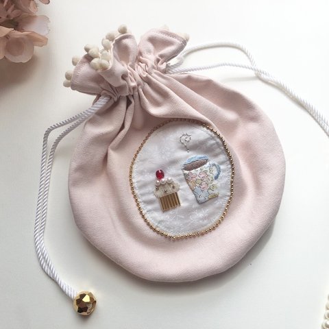 【ビーズ刺繍❤︎丸巾着／ポーチ】pink afternoon tea