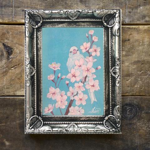 春の花の日本画　桜と文鳥