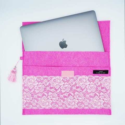 ノートパソコンケース　ピンク×ピンクレース MacBook airケース　pcケース