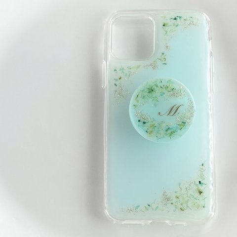 【SALE】押し花 flower shower イニシャルM  スマホグリップ付き