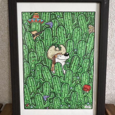 【サボテンの森】サボテン　犬　動物　アート　絵　森　原画　