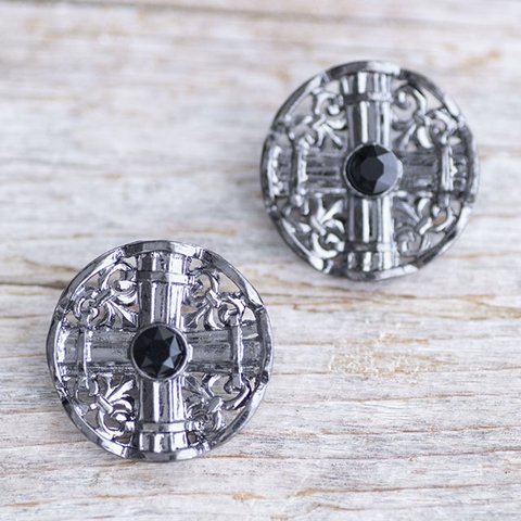 【十字架×クリスタル】メタルボタン ＃BT259 １穴 25mm C/#BN ブラックニッケル×クリスタル 　5個セット