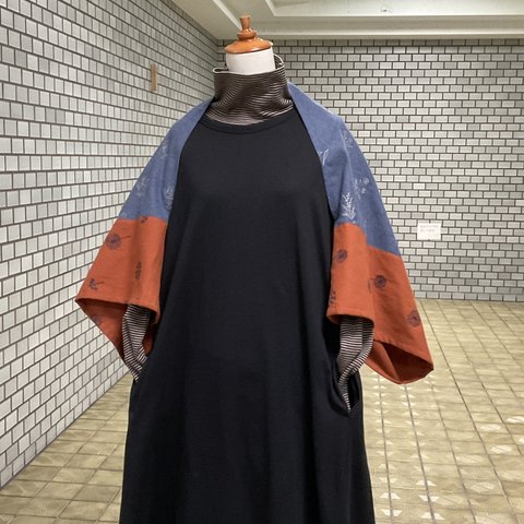 ボレロ・羽織り　花刺繍　杢ネイビーXブラックオレンジ