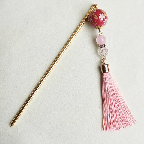 【桜】転写玉とタッセルのかんざし　簪　髪飾り　ヘアアクセサリー　サクラ　さくら