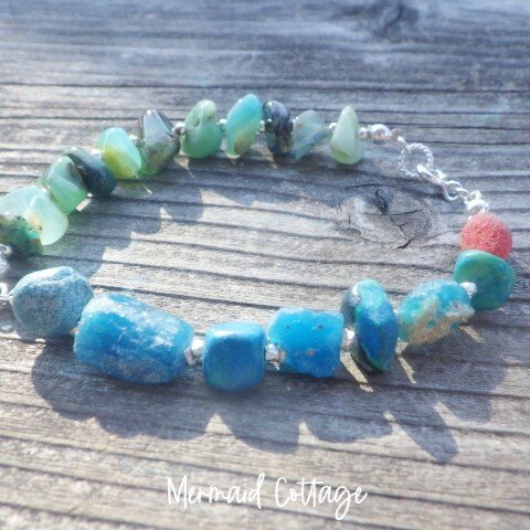 sv925*Blue Lagoon Romanglass bracelet　 青の洞窟ローマングラス＆ペルヴィアンオパールハーフ＆ハーフブレスレット