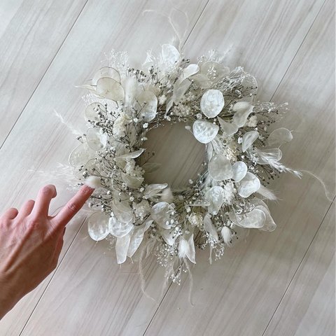 flower wreath " LUNA " ドライフラワー リース ホワイト ルナリア かすみ草