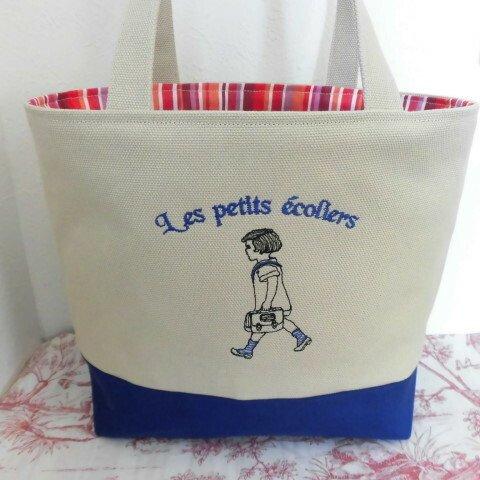 選べる持ち手長さフランスの通学の女の子刺繍の帆布のトートバッグ　  ブルー