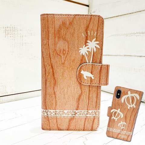 ウッドプリント 海亀の親子デザインiphoneケース カード収納　ハワイアンホヌのロゴ